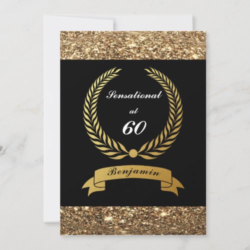 60th Birthday Black Gold Glitter Elegant Party  Invitation