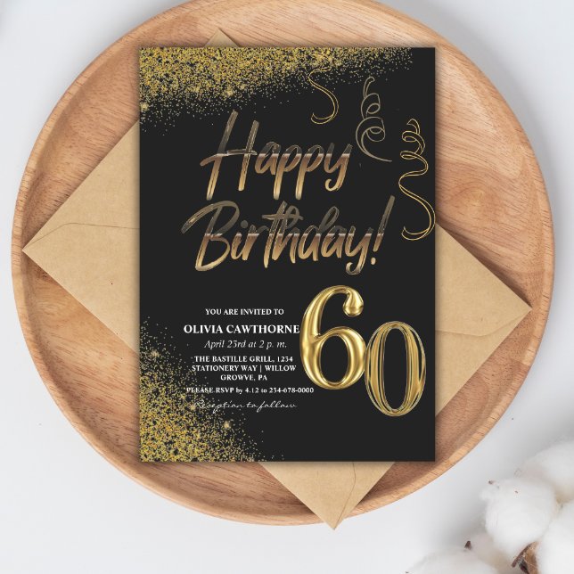 60th Birthday Black & Gold Glitter Modern   Invitation (Creator Uploaded)