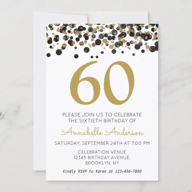 60th Birthday Black Gold Glitter Sparkle Confetti Invitation | Zazzle