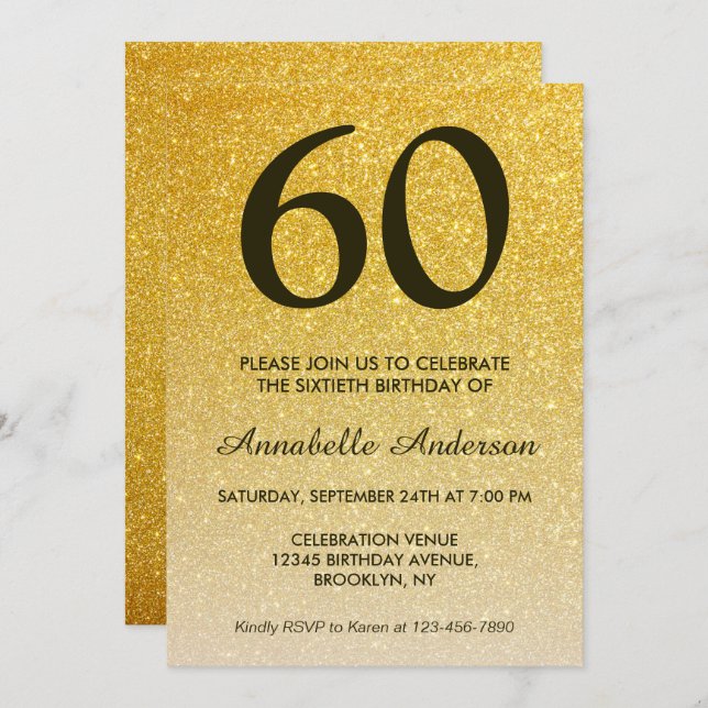 60th Birthday Black Gold Glitter Sparkle Ombre Invitation (Front/Back)