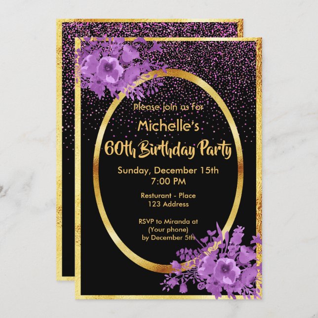 60th birthday black gold invitation (Front/Back)