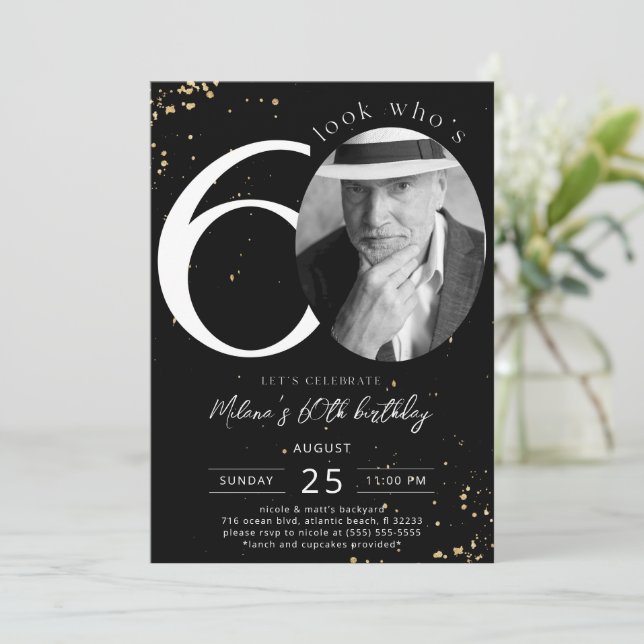 60th Birthday Black Gold Invitation with Photo (Standing Front)