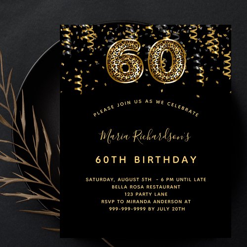 60th birthday black gold leopard budget invitation flyer