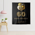 60th birthday black gold leopard name script tapestry<br><div class="desc">A tapestry for a glamorous 60th birthday party. A black background, decorated with balloons. With the text: Happy Birthday. Personalize and add a name. The name is written in dark rose gold with a modern hand lettered style script with swashes. Number 60 is written with a trendy balloon style font,...</div>