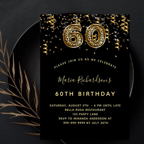 60th birthday black gold leopard pattern confetti invitation
