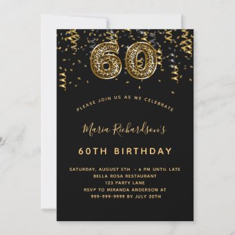 60th birthday black gold leopard pattern confetti invitation | Zazzle