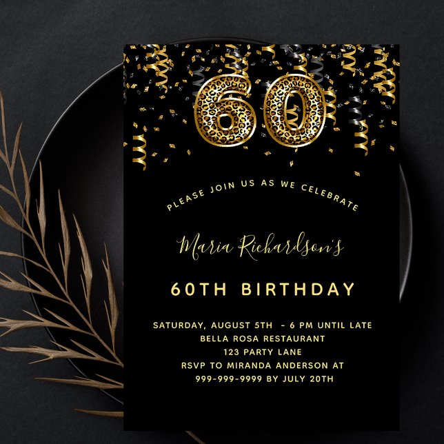 60th birthday black gold leopard pattern luxury invitation (Creator Uploaded)