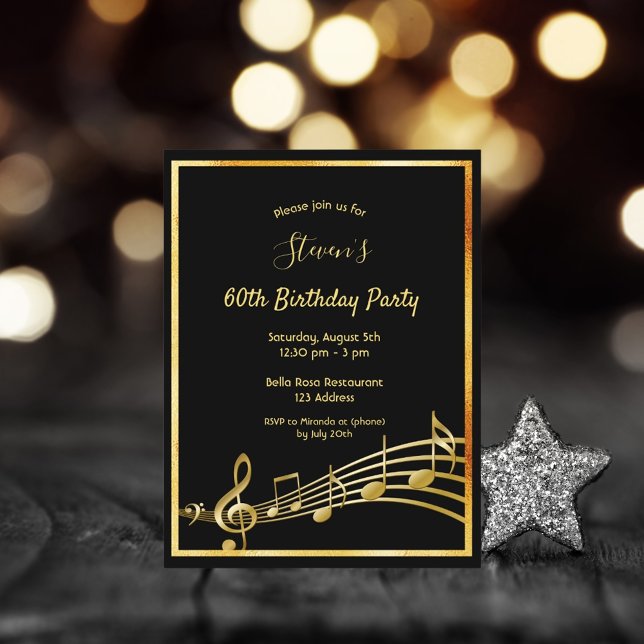 60th birthday black gold music notes invitation (Creator Uploaded)