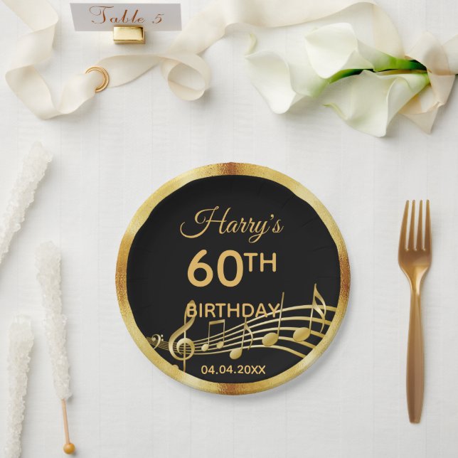 60th birthday black gold music notes men guys paper plates (Wedding)