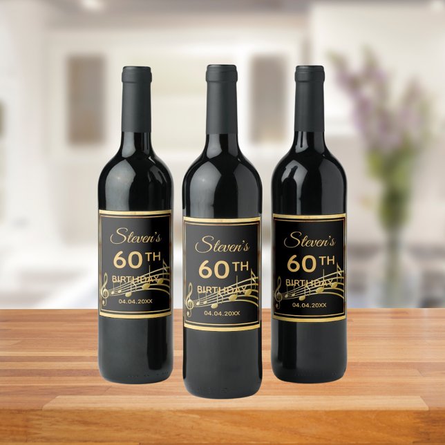 60th birthday black gold music notes wine label (Creator Uploaded)