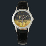 60th birthday black gold name classic elegance bow watch<br><div class="desc">Elegant, classic, glamorous and feminine. A faux gold colored bow and ribbon with golden glitter and sparkle, a bit of bling and luxury for a birthday gift or keepsake. Black background. Templates for her name, and the age 60. The name is written with a modern hand lettered style script. Golden...</div>