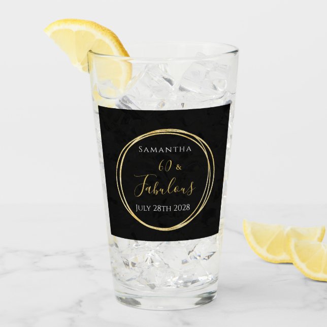 60th Birthday Black Gold Personalized Party Favor Glass (Front Ice)
