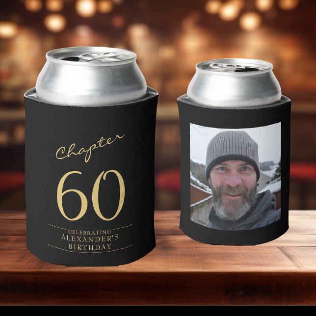 60th Birthday Black Gold Photo Can Cooler (60th birthday black and gold can coolers with photo template on a bar top)