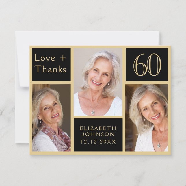 60th Birthday Black Gold Photo Collage  Thank You Card (Front)