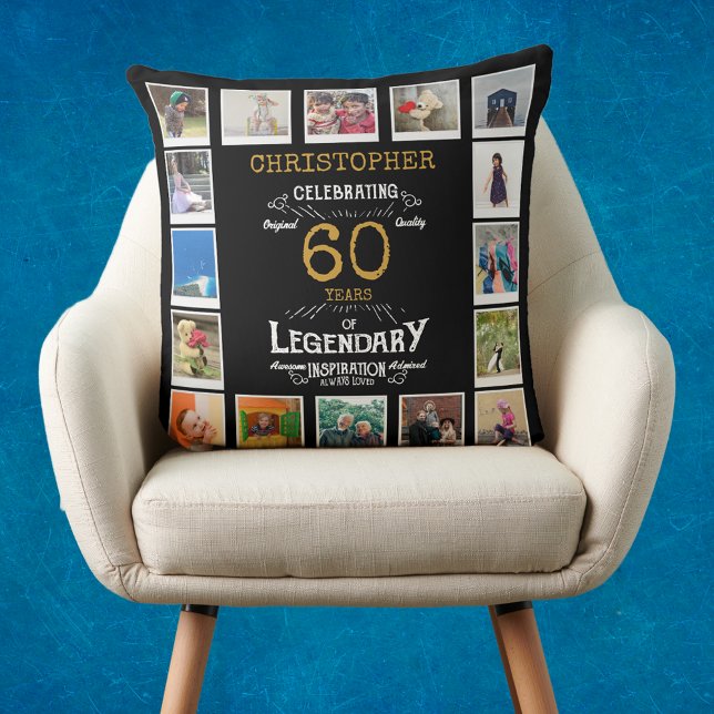 60th Birthday Black Gold Photo Collage Throw Pillow (Personalized 60th birthday gift throw pillow with 16 photos of your choice)