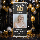 60th Birthday Black Gold Photo Retractable Banner<br><div class="desc">Elegant 60th birthday party retractable banner featuring a stylish black background that can be changed to any color,  gold sparkly glitter,  sixty gold hellium balloons,  a photo of the birthday girl or boy,  the celebration saying "happy birthday",  and their name.</div>