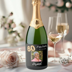 60th Birthday black gold photo Sparkling Wine Label