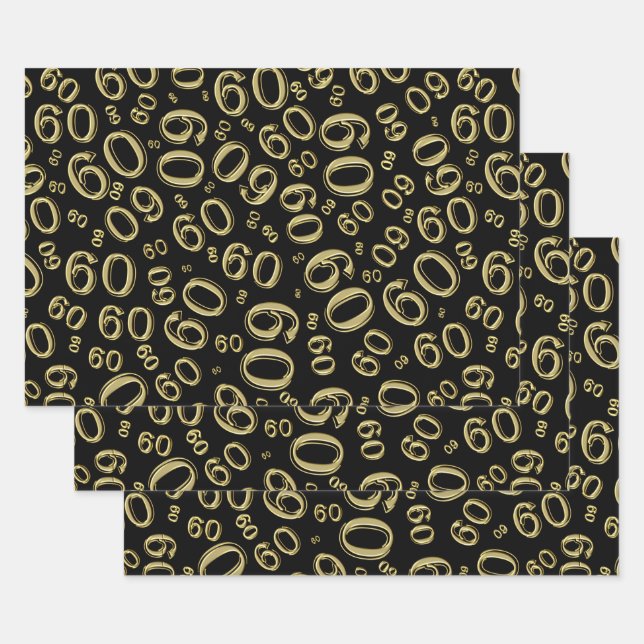 60th Birthday Black/Gold Random Number Pattern 60 Wrapping Paper Sheets (Set)
