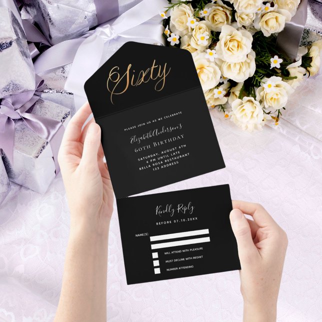 60th birthday black gold script rsvp all in one invitation (Creator Uploaded)