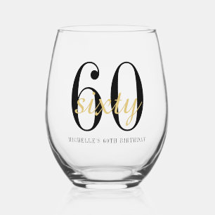 60th Birthday Black Gold Sixty 60 Party Favor Stemless Wine Glass