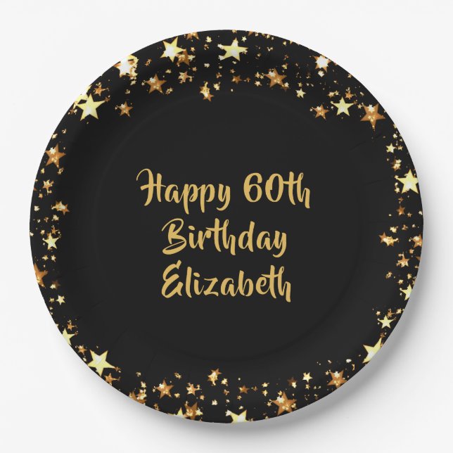 60th Birthday Black Gold Stars Name Paper Plates (Front)