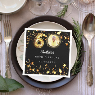 60th birthday black gold stars photo napkins