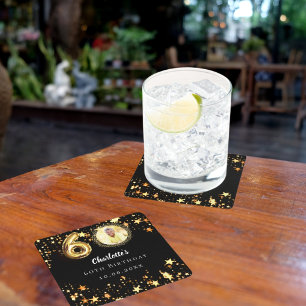 60th birthday black gold stars photo square paper coaster