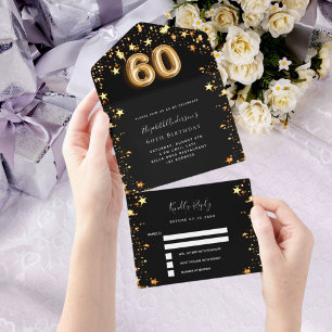 60th birthday black gold stars rsvp all in one invitation