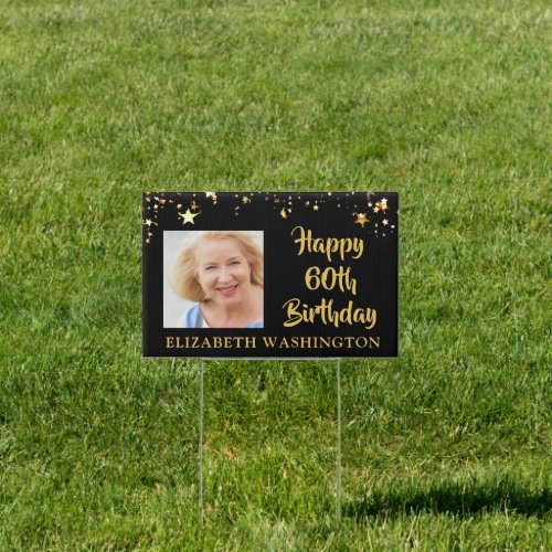 60th Birthday Black Gold Stars Two Photos Name Sign - Black and gold stars theme for a 60th birthday (or any age since the text is editable). Personalize with HAPPY # BIRTHDAY, their name and two photo (one on each side). PHOTO TIP:  For fastest/best results, choose a photo with the subject in the middle and/or pre-crop it to a square shape BEFORE uploading. CHANGES:  Change the black background or text color and font style by clicking on CUSTOMIZE FURTHER. Contact the designer via Zazzle Chat or makeitaboutyoustore@gmail.com if you'd like this design modified, on another product or would like coordinating or complementary item.