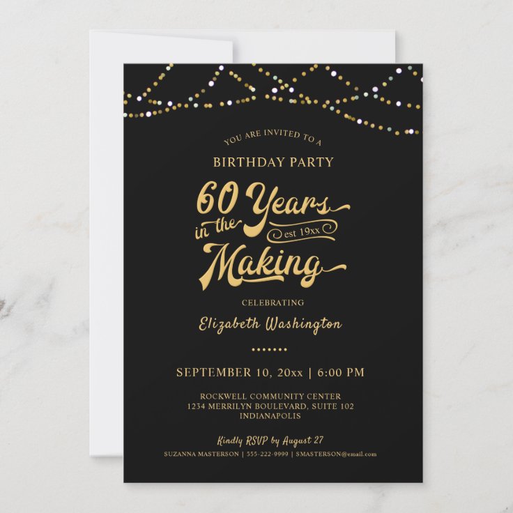 60th Birthday Black Gold String Lights Invitation | Zazzle