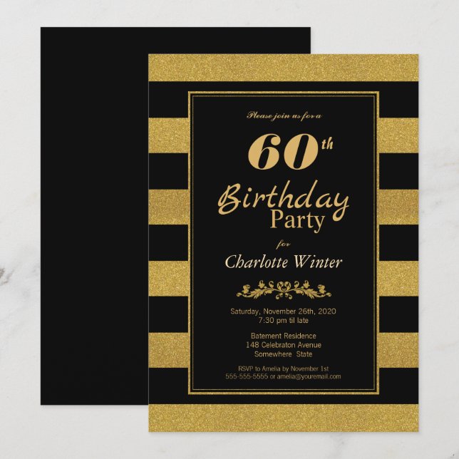60th Birthday Black Gold Striped Party Invitation (Front/Back)