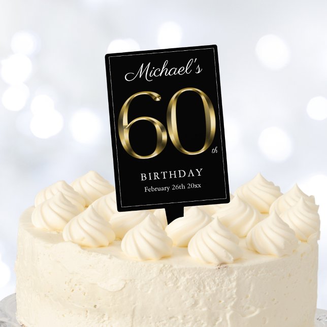 60th Birthday Black Gold Text Milestone Elegant Cake Topper (Mockup View)
