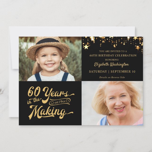 60th Birthday Black Gold Then & Now Photos Stars Invitation (Front)