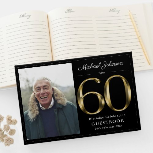 60th Birthday Black Gold Typography Custom Photo Guest Book
