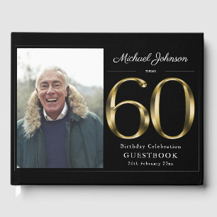 60th Birthday Black Gold Typography Custom Photo Guest Book
