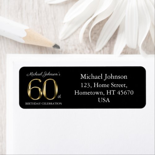 60th Birthday Black Gold Typography Return Address Label