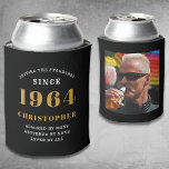 60th Birthday Black Gold With Photo Can Cooler<br><div class="desc">Personalized Birthday add your name and year can cooler with your photo on the rear. Edit the name and year with the template provided. A wonderful custom birthday party accessory. More gifts and party supplies available with the "setting standards" design in the store.</div>