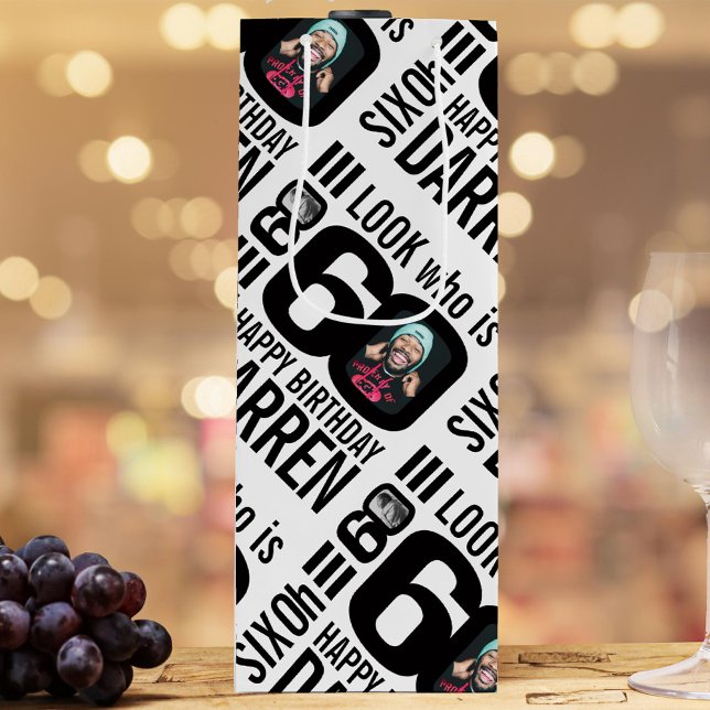 60th birthday black look 60 custom photo name wine gift bag (Creator Uploaded)