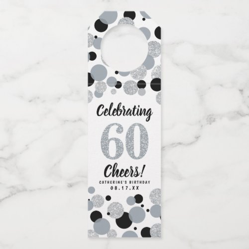 60th Birthday Black Pink Gray Glitter Confetti Bottle Hanger Tag