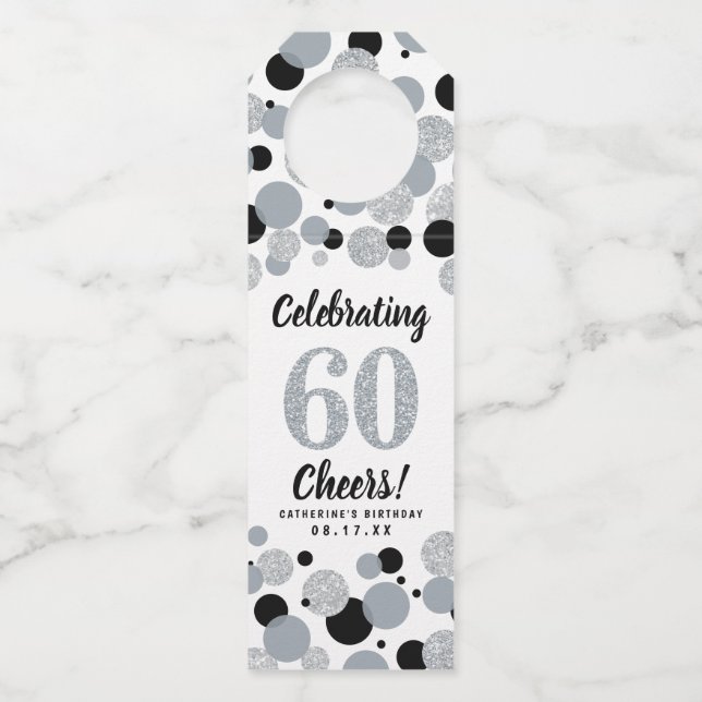 60th Birthday Black Pink Gray Glitter Confetti Bottle Hanger Tag (Front)