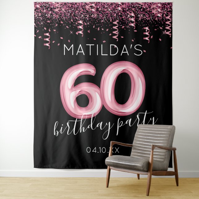 60th Birthday Black Pink Photo Backdrop (In Situ)