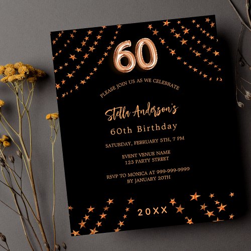 60th birthday black rose gold budget invitation flyer