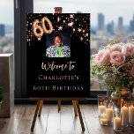 60th Birthday black rose gold photo star welcome   Foam Board<br><div class="desc">A welcome board for a girly and glamorous 60th birthday party.  A classic black background decorated with rose gold stars.  Personalize and add a photo and name.  Number 60 is written with a balloon style font.
Back: no design</div>