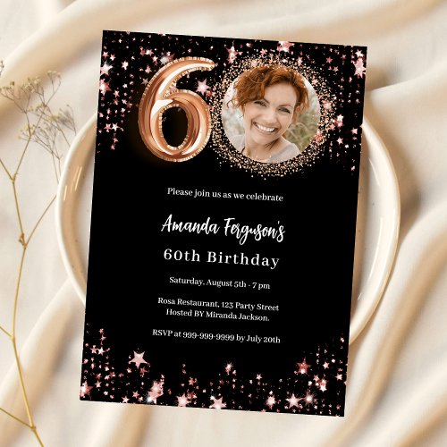 60th Birthday black rose gold photo stars luxury Invitation