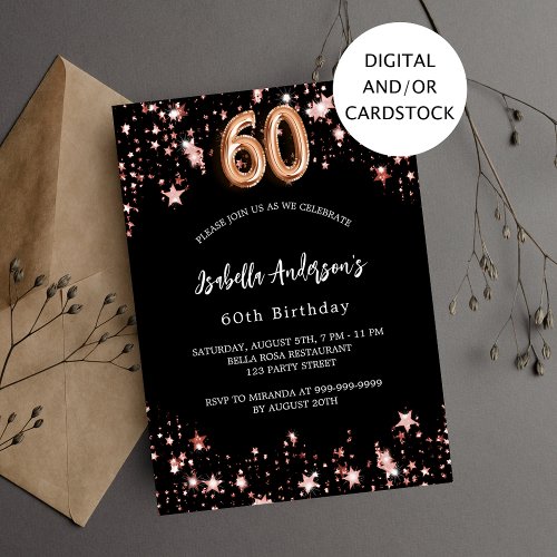 60th birthday black rose gold stars invitation