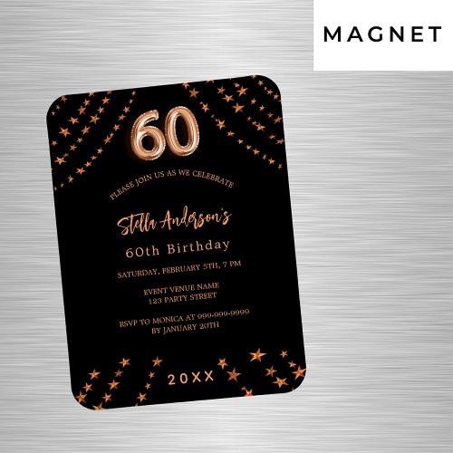 60th birthday black rose gold stars invitation magnet