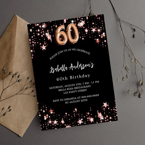 60th birthday black rose gold stars invitation postcard