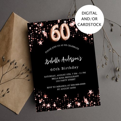 60th birthday black rose gold stars luxury invitation