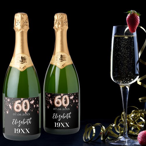 60th Birthday black rose gold stars Sparkling Wine Label