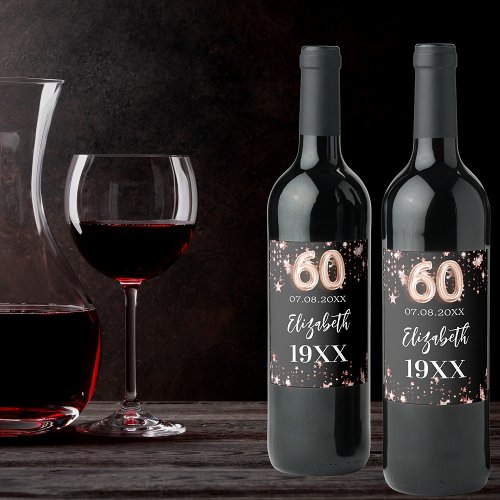 60th Birthday black rose gold stars Wine Label